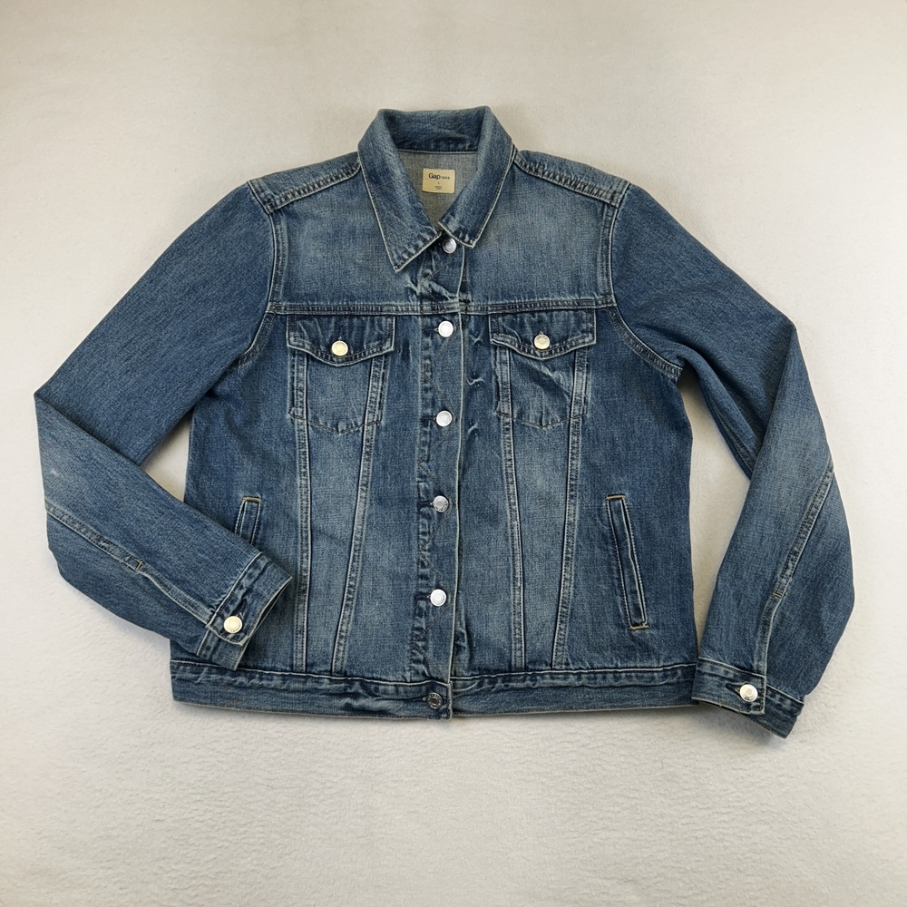 Gap Icon Jkt Saddle Blue Denim Jacket Womens L Button Front Pockets Classic